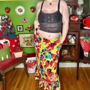 Vintage y2k boho fairycore colorful floral watercolor print slinky maxi skirt
